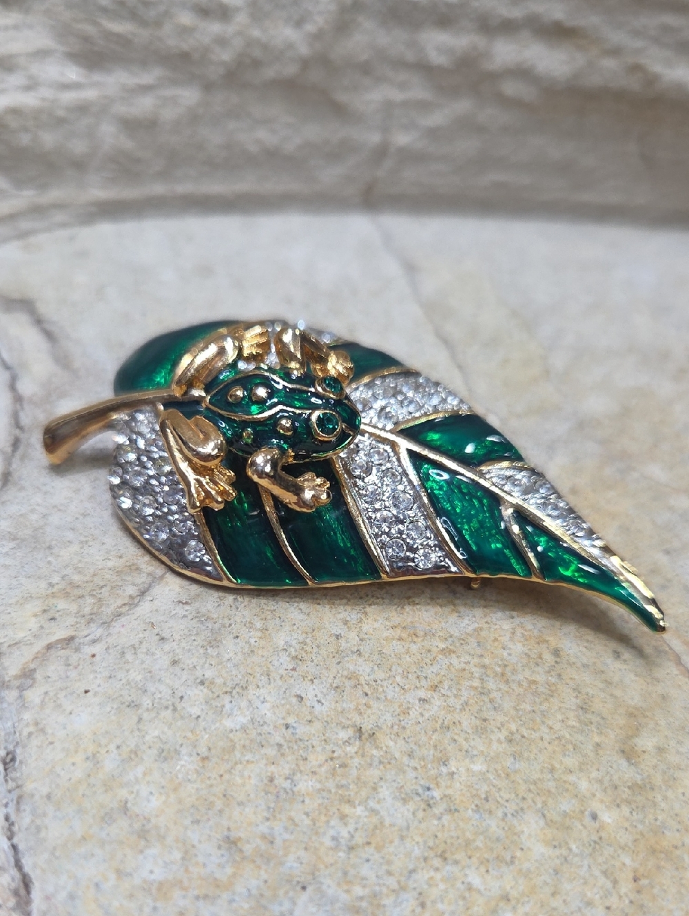 Gold-Tone Green Enamel Frog on Leaf Brooch - Women Jewelry